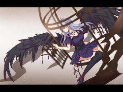 Rule 34 | 1girl, black wings, blue hair, cage, dress, feathered wings, hua shi mang, jewelry, letterboxed, necklace, original, red eyes, sketch, wings