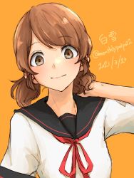 Rule 34 | 1girl, black sailor collar, brown eyes, brown hair, character name, collared shirt, commentary request, dated, highres, kantai collection, low twintails, medium hair, orange background, original remodel (kantai collection), parted bangs, sailor collar, school uniform, serafuku, shirayuki (kancolle), shirt, short twintails, simple background, smile, solo, twintails, twitter username, umibudou, upper body