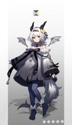 Rule 34 | 1girl, bare shoulders, black bow, black gloves, blue pantyhose, border, bow, breasts, closed mouth, commentary request, dress, fingerless gloves, full body, gloves, gradient background, grey background, grey hair, highres, horns, kino (m6t2a), long sleeves, looking at viewer, medium hair, no shoes, original, pantyhose, pillarboxed, shadow, sleeves past wrists, slit pupils, small breasts, solo, standing, tail, thigh strap, white border, wide sleeves, wings, yellow eyes
