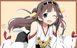 Rule 34 | 10s, 1girl, ;d, bare shoulders, breasts, brown background, brown hair, cleavage, copyright name, dated, detached sleeves, double bun, hair bun, hairband, headgear, heart, japanese clothes, kantai collection, kongou (kancolle), long hair, looking at viewer, nontraditional miko, one eye closed, open mouth, outline, personification, smile, solo, thumbs up, twitter username, wara (warapro), wink