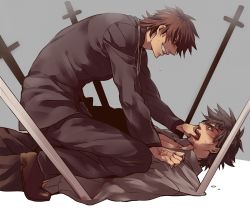 Rule 34 | 2boys, bad id, bad pixiv id, black eyes, black hair, black keys (type-moon), blood, blood on face, brown eyes, brown hair, cross, cross necklace, emiya kiritsugu, fate/zero, fate (series), grey background, hand on another&#039;s face, jewelry, kotomine kirei, long coat, male focus, multiple boys, necklace, planted, red eyes, short hair, straddling, weapon, zihad