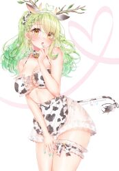 Rule 34 | 1girl, ahoge, animal ears, animal print, antlers, apron, bare shoulders, bell, bikini, blush, bra, ceres fauna, cow ears, cow horns, cow print, cow tail, cowbell, cross-laced bikini, cross-laced clothes, frilled bra, frills, green hair, green nails, heart, heart ahoge, highres, hololive, hololive english, horns, long hair, midriff, mole, mole under eye, neck bell, open mouth, print bikini, puppypaww, see-through, shiny skin, side-tie bikini bottom, simple background, solo, swimsuit, tail, underwear, virtual youtuber, waist apron, white background, yellow eyes