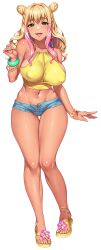 Rule 34 | 1girl, anklet, bare legs, bare shoulders, blonde hair, bracelet, breasts, covered erect nipples, double bun, earrings, full body, green eyes, hair bun, heart, heart earrings, hidaka manatsu, jewelry, kan&#039;ochi x netorare kazoku ~anata yurushite. watakushi-tachi uwaki sex ni honki de hamacchatta no~, large breasts, long hair, looking at viewer, micro shorts, midriff, minamoto (mutton), navel, official art, open fly, open mouth, photoshop (medium), pink hair, sandals, shiny skin, short shorts, shorts, single earring, solo, standing, tachi-e, tan, tanline, thigh gap, transparent background
