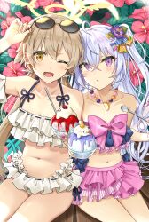 Rule 34 | 2girls, azusa (blue archive), azusa (swimsuit) (blue archive), bead necklace, beads, bikini, blue archive, bow, brown eyes, brown hair, eyewear on head, flower, food, frilled bikini, frills, grey hair, halo, hifumi (blue archive), hifumi (swimsuit) (blue archive), ice cream, jewelry, long hair, low twintails, multiple girls, navel, necklace, one eye closed, purple eyes, spoon, sunglasses, swimsuit, tarachine, twintails