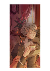 Rule 34 | 1girl, black bow, black bowtie, black dress, bow, bowtie, candle, closed mouth, commentary request, cup, dien (ragnarok online), dress, closed eyes, flower, grey hair, holding, holding cup, holding letter, indoors, letter, mirror, old, old woman, pink flower, plant, potted plant, ragnarok online, short hair, smile, solo, tea, teacup, upper body, window, zhi xie