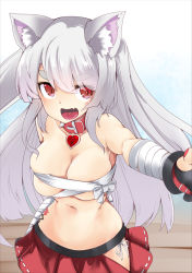 Rule 34 | 1girl, animal ears, areola slip, azur lane, bandaged arm, bandages, blush, braid, breasts, cleavage, cowboy shot, crop top, dog ears, fingerless gloves, gloves, heart, heart necklace, highres, jewelry, large breasts, long hair, looking at viewer, miniskirt, nail polish, narrow waist, navel, necklace, open mouth, red eyes, ribbon-trimmed skirt, ribbon trim, school uniform, serafuku, silver hair, skindentation, skirt, solo, stomach, stomach tattoo, tail, takara akihito, tattoo, thick eyebrows, underboob, v-shaped eyebrows, yuudachi (azur lane), yuudachi (shogun of snowballs) (azur lane)