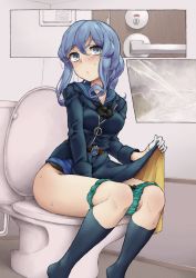 Rule 34 | 1girl, belt, between legs, black bow, black bowtie, blue eyes, blue hair, blue sailor collar, blue socks, blush, bow, bow panties, bowtie, breasts, covered navel, door, door handle, female focus, gloves, gotland (kancolle), green panties, half gloves, hand between legs, highres, indoors, kantai collection, kneehighs, koorimizu, lifting own clothes, long sleeves, matching hair/eyes, medium breasts, medium hair, mole, mole under eye, nose blush, open mouth, panties, panty pull, pee, peeing, ponytail, sailor collar, sitting, socks, solo, steam, sweat, textless version, thighs, toilet, toilet use, two-sided fabric, underwear, waist cape, white gloves