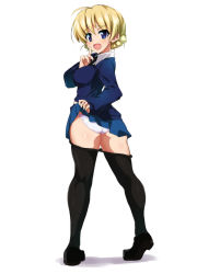 Rule 34 | 10s, 1girl, ass, black pantyhose, blonde hair, blue eyes, blue skirt, blue sweater, braid, breasts, clothes lift, clothes pull, covered erect nipples, darjeeling (girls und panzer), finger to mouth, from behind, girls und panzer, highres, looking back, medium breasts, necktie, open mouth, ouhashi, panties, pantyhose, pantyhose pull, school uniform, short hair, shushing, skirt, skirt lift, smile, solo, sweater, underwear, white background, white panties