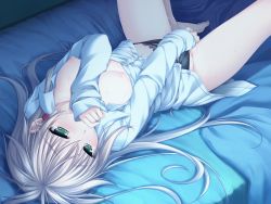 Rule 34 | 1girl, 5pb., animated, animated gif, arisa crain femiluna, barefoot, bed, bed sheet, biting, black panties, blonde hair, blush, breasts, breasts out, clothed masturbation, earrings, female masturbation, finger biting, fingering, fingering through clothes, game cg, green eyes, jewelry, long hair, lying, masturbation, masturbation through clothes, nipples, no bra, no pants, on back, on bed, open clothes, open shirt, panties, pussy juice, pussy juice stain, shirt, small breasts, solo, spread legs, sweat, tears, through clothes, underwear, w.l.o sekai ren&#039;ai kikou, wet, wet clothes, wet panties, white hair