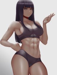 Rule 34 | 1girl, abs, absurdres, alternate costume, bad id, bad pixiv id, black hair, blank eyes, breasts, cowboy shot, cropped legs, eyebrows, hand on own hip, highres, hyuuga hinata, large breasts, long hair, muscular, naruto (series), naruto shippuuden, shading, simple background, smile, sports bra, sportswear, thighs, toned, zaki (zaki btw)