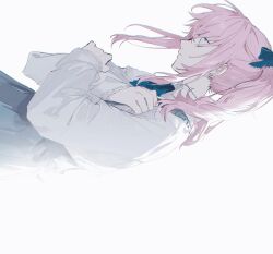 Rule 34 | 1other, akiyama mizuki, blue skirt, cheonyeon-hi, closed mouth, frilled sleeves, frills, from side, highres, long hair, long sleeves, pink hair, project sekai, shirt, sideways, simple background, skirt, solo, twintails, upper body, white background, white shirt