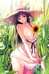 Rule 34 | 1girl, absurdres, between breasts, black hair, blush, breasts, bug, butterfly, cleavage, closed mouth, collarbone, dress, flower, green eyes, hat, hat ribbon, head tilt, highres, insect, large breasts, leg ribbon, long hair, looking at viewer, mana kakkowarai, original, outdoors, ribbon, scan, smile, solo, straw hat, sun hat, sundress, sunflower, thigh ribbon, watermark, web address, white dress