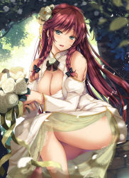 Rule 34 | 1girl, alternate costume, aqua eyes, ass, bare shoulders, black bow, bow, braid, breasts, cleavage, cleavage cutout, clothing cutout, detached sleeves, flower, hair bow, hair flower, hair ornament, highres, hong meiling, large breasts, long hair, looking at viewer, monety, no headwear, parted lips, red hair, rose, see-through, side slit, sitting, smile, solo, thighs, touhou, twin braids, very long hair, white flower, white rose, white sleeves