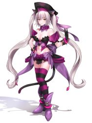 Rule 34 | 1girl, alternate costume, animal ears, bare shoulders, black gloves, black skirt, blush, boots, bow, bracelet, breasts, brooch, cat ears, cat tail, cleavage, collar, cosplay, crop top, detached collar, detached sleeves, eyebrows, fate/grand order, fate (series), full body, gloves, hair ribbon, highres, jeanne d&#039;arc (april magical) (fate), jeanne d&#039;arc (fate), jeanne d&#039;arc (ruler) (fate), jeanne d&#039;arc alter (avenger) (fate), jeanne d&#039;arc alter (fate), jewelry, kemonomimi mode, long hair, looking at viewer, medium breasts, miniskirt, navel, omizu (omz), parted lips, puffy short sleeves, puffy sleeves, purple bow, purple footwear, purple ribbon, ribbon, rojiura satsuki : chapter heroine sanctuary, ruler (fate/apocrypha) (cosplay), shadow, short sleeves, silver hair, skirt, smile, solo, stomach, striped clothes, striped thighhighs, tail, thighhighs, transparent background, twintails, very long hair, white background, yellow eyes