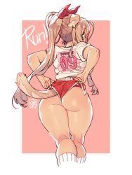 Rule 34 | 1girl, adjusting clothes, adjusting shorts, animal ears, ass, back, blonde hair, bow, clothes pull, dated, dog ears, dog tail, gym uniform, hair bow, kneepits, looking back, original, outside border, poch4n, ponytail, shorts, shorts pull, solo, tail, wedgie