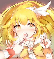 Rule 34 | 2girls, bad id, bad pixiv id, blonde hair, bow, brushing teeth, cure peace, cure sunny, double v, drooling, hair flaps, hino akane (smile precure!), kise yayoi, magical girl, monogatari (series), multiple girls, nisemonogatari, open mouth, parody, ponytail, precure, season connection, smile precure!, tears, toothbrush, v, wide ponytail, yellow bow, yellow eyes, yellow theme, yuran