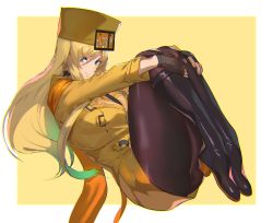 Rule 34 | 1girl, ashiomi masato, black footwear, blonde hair, blue eyes, boots, brown pantyhose, commentary request, curled up, eyes visible through hair, fingerless gloves, fur hat, gloves, guilty gear, guilty gear strive, hat, jacket, knee boots, long hair, long sleeves, millia rage, orange scarf, pantyhose, plantar flexion, revision, scarf, solo, ushanka, yellow hat
