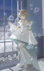 Rule 34 | 1girl, adapted costume, artist name, blonde hair, blue flower, blue footwear, blue gemstone, blue sky, bobbles, closed mouth, cloud, cloudy sky, dress, floor, flower, gem, genshin impact, gold trim, hair between eyes, hair ornament, hand up, high heels, highres, holding, holding flower, indoors, kushami deso, leg up, long sleeves, looking at viewer, lumine (genshin impact), night, night sky, on floor, pantyhose, reflection, see-through, see-through sleeves, shadow, shoes, short hair, short hair with long locks, sidelocks, sky, sleeveless, sleeveless dress, solo, standing, standing on one leg, star (sky), star (symbol), star hair ornament, starry sky, tiara, wall, white dress, white flower, white pantyhose, wide sleeves, window, yellow eyes