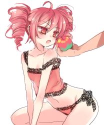 Rule 34 | 1girl, apple, bad id, bad pixiv id, camisole, drill hair, food, fruit, holding, holding food, holding fruit, kasane teto, lingerie, manle, orange hair, panties, red eyes, red hair, romeo to cinderella (vocaloid), see-through, side-tie panties, solo focus, strap slip, twin drills, twintails, underwear, utau, vocaloid