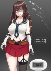Rule 34 | 1girl, blue eyes, braid, breasts, brown hair, cleavage, cowboy shot, elbow gloves, garter straps, gloves, grey background, highres, kantai collection, konoshige (ryuun), large breasts, long hair, looking down, navel, noshiro (kancolle), pleated skirt, red skirt, sailor collar, shaded face, simple background, single garter strap, single thighhigh, skirt, solo, standing, thighhighs, translation request, trembling, twin braids, upper body, weighing scale, weight conscious, white gloves