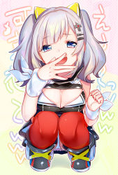 Rule 34 | 1girl, ayamori mimi, black skirt, breasts, cleavage, cleavage cutout, clothing cutout, covering own mouth, dress, fang, full body, hair ornament, hairclip, highres, kaguya luna, large breasts, laughing, looking at viewer, obi, open mouth, panties, pantyshot, red thighhighs, ribbon, sash, silver hair, skirt, sleeveless, sleeveless dress, smug, solo, squatting, the moon studio, thighhighs, twintails, underwear, virtual youtuber, white panties, wrist ribbon, x hair ornament
