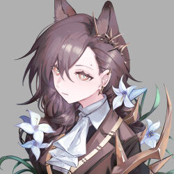 Rule 34 | 1girl, animal ear fluff, animal ears, arknights, ascot, be3al2si6o18 p, braid, brown eyes, brown hair, ear piercing, flower, grey background, hair ornament, highres, lily (flower), long hair, mole, mole above eye, parted lips, penance (arknights), piercing, simple background, solo, upper body, very long hair, white ascot, white flower, wolf ears