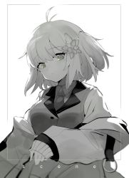 Rule 34 | 1girl, antenna hair, arknights, border, character name, collared shirt, commentary, flower, green eyes, greyscale, hair flower, hair ornament, highres, jacket, looking at viewer, monochrome, necktie, off shoulder, open clothes, open jacket, retri, scene (arknights), shirt, short hair, side ponytail, solo, spot color, undershirt, upper body, vest, white background