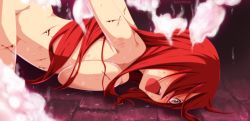 Rule 34 | 1girl, blood, breast press, colorized, completely nude, cuts, erza scarlet, fairy tail, female focus, gaston18, hair over one eye, injury, long hair, mashima hiro, nude, open mouth, red hair, solo, steam, tagme, top-down bottom-up, torture, wide-eyed, yellow eyes
