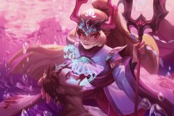 Rule 34 | 1boy, 1girl, alternate costume, blonde hair, brown hair, closed mouth, crown, highres, holding, holding staff, japanese clothes, kimono, league of legends, long hair, long sleeves, nami (league of legends), pink eyes, pointy ears, ponytail, short hair, smile, staff, timo (timotimo628), water, wide sleeves