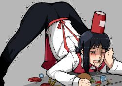 Rule 34 | 1girl, absurdres, apron, black hair, black pants, bow, bowtie, brown eyes, burger, business suit, chainsaw man, collared shirt, crying, cup, disposable cup, food, formal, french fries, grey background, hand on own cheek, hand on own face, higashiyama kobeni, highres, ice, ice cube, jack-o&#039; challenge, mark gavatino, mole, mole under eye, nervous, office lady, one eye closed, pants, red bow, red bowtie, ringed eyes, shirt, shirt tucked in, short hair, short ponytail, simple background, solo, spill, suit, trembling, wet, white shirt