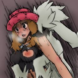 Rule 34 | 10s, 1girl, bad id, bad pixiv id, bent over, bestiality, blue eyes, blush, breast slip, breasts, brown hair, clothed sex, creatures (company), doggystyle, empty eyes, fucked silly, furfrou, furfrou (natural), game freak, gen 6 pokemon, hat, interspecies, inverted nipples, large breasts, long hair, monster, nintendo, nipples, one breast out, pokemon, pokemon (creature), pokemon xy, pokephilia, ruijiru, serena (pokemon), sex, sex from behind, sweat, torn clothes