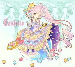 Rule 34 | 1girl, blue footwear, bow, candy, candy hair ornament, cat, colorful, curly hair, dress, dress bow, food, food-themed hair ornament, food themed hair ornament, frilled dress, frills, full body, hair bow, hair ornament, juliet sleeves, konpeitou, layered dress, lolita fashion, long hair, long sleeves, looking at viewer, original, oversized object, personification, pink hair, pocketland, puffy sleeves, shoes, side ponytail, sitting, smile, solo, spoon, tamaki mitsune, yamadaokutarou, yellow eyes