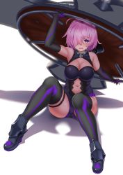 Rule 34 | 1girl, absurdres, bare shoulders, black gloves, black thighhighs, breasts, cleavage, elbow gloves, fate/grand order, fate (series), gloves, hair over one eye, highres, hitotsuki nebura, large breasts, mash kyrielight, navel, purple eyes, purple hair, shadow, short hair, simple background, sitting, solo, sweat, thigh strap, thighhighs, white background