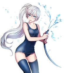 Rule 34 | 1girl, blue eyes, blush, hose, one-piece swimsuit, rwby, scar, school swimsuit, side ponytail, solo, surprised, swimsuit, thighhighs, water, weiss schnee, white hair