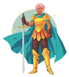 Rule 34 | 1girl, anyan p, aqua cape, armor, brown gloves, cape, circle, clenched hand, commentary, english commentary, full body, gloves, highres, holding, holding sword, holding weapon, looking at viewer, one piece, pink hair, planted, planted sword, planted weapon, ponytail, rebecca (one piece), sidelocks, solo, sword, weapon