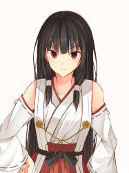 Rule 34 | 1girl, black hair, cosplay, detached sleeves, haruna (kancolle), haruna (kancolle) (cosplay), highres, isokaze (kancolle), kanpyo (hghgkenfany), kantai collection, long hair, looking at viewer, nontraditional miko, red eyes, simple background, smile, solo