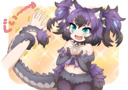 Rule 34 | 1girl, animal ear fluff, animal ears, bare shoulders, big hair, black gloves, black hair, black shorts, blue hair, bone necklace, border, breasts, buttons, cerberus (kemono friends), chibi, cleavage, collar, commentary, cowboy shot, cutoffs, dog ears, elbow gloves, english commentary, ev (kemomimizuku), excited, fangs, fingerless gloves, forced, gloves, green eyes, hands up, jewelry, kemono friends, light blush, lizard tail, looking at another, medium breasts, midriff, mixed-language commentary, multicolored hair, navel, open mouth, outside border, pantyhose, pantyhose under shorts, pendant, prehensile tail, purple hair, scar, scar across eye, scar on face, shorts, smile, solo focus, sparkle, sparkle background, spiked collar, spikes, stomach, strapless, tail, tail wrap, thigh strap, trembling, tube top, two side up, v-shaped eyebrows, white border