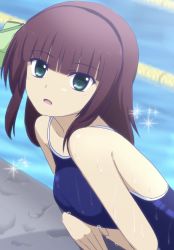 Rule 34 | 1girl, absurdres, angel beats!, black hairband, blue one-piece swimsuit, blunt bangs, blurry, blurry background, bow, brown hair, collarbone, competition school swimsuit, green bow, green eyes, hair bow, hairband, highres, leaning forward, lelie (lelie link), long hair, looking at viewer, nakamura yuri, one-piece swimsuit, open mouth, poolside, school swimsuit, solo, spaghetti strap, sparkle, swimsuit