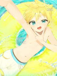 Rule 34 | 1boy, aqua eyes, arm up, armpit crease, armpits, bishounen, blonde hair, commentary request, day, dutch angle, from above, hair between eyes, hand up, highres, kagamine len, looking at viewer, lying, male focus, male swimwear, navel, nipples, on innertube, on side, open mouth, outdoors, pwww, short hair, shorts, sidelocks, solo, splashing, swim trunks, swimsuit, teeth, topless male, twitter username, upper teeth only, v, vocaloid, water, watermark, white shorts