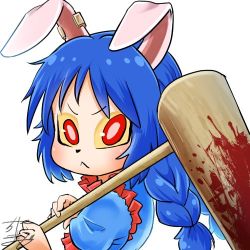 Rule 34 | 1girl, :&lt;, ambiguous red liquid, animal ears, animal nose, profile picture, blue dress, blue hair, braid, chamaji, commentary, dress, earclip, floppy ears, frilled dress, frills, kine, long hair, looking at viewer, lowres, mallet, moon rabbit, ponytail, rabbit ears, red eyes, seiran (touhou), signature, solo, stain, touhou, twin braids, upper body, usagi kine, white background