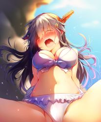 Rule 34 | 1girl, alternate costume, bikini, bikini bottom aside, black hair, blue sky, blurry, blurry background, blush, breasts, closed eyes, clothing aside, cowgirl position, day, girl on top, haruna (kancolle), highres, implied sex, kantai collection, large breasts, long hair, navel, open mouth, outdoors, saliva, sky, solo, solo focus, spread legs, straddling, swimsuit, thighs, tongue, tsukui kachou, wet, white bikini