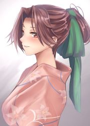 Rule 34 | 10s, 1girl, blush, brown eyes, brown hair, floral print, from side, green ribbon, hair intakes, hair ribbon, japanese clothes, jintsuu (kancolle), kantai collection, kimono, looking at viewer, parted lips, ponytail, ribbon, smile, solo, untue, upper body
