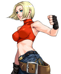 Rule 34 | 1girl, armpits, bare shoulders, belt, belt skirt, blonde hair, blue eyes, blue mary, breasts, clenched hand, denim, fatal fury, fingerless gloves, gloves, halterneck, impossible clothes, impossible shirt, jeans, large breasts, midriff, muscular, nakano tomokazu, navel, pants, shirt, short hair, sleeveless, sleeveless turtleneck, snk, solo, tank top, the king of fighters, turtleneck