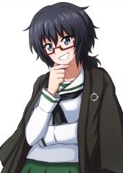 Rule 34 | 1girl, arm grab, black eyes, black hair, black jacket, commentary, girls und panzer, glasses, grin, hand on own chin, haori, highres, jacket, jacket on shoulders, japanese clothes, looking at viewer, medium hair, messy hair, omachi (slabco), ooarai school uniform, oryou (girls und panzer), red-framed eyewear, school uniform, semi-rimless eyewear, short ponytail, simple background, smile, solo, standing, stroking own chin, under-rim eyewear, upper body, white background