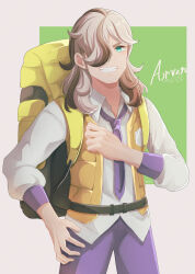 Rule 34 | 1boy, absurdres, arven (pokemon), backpack, bag, belt, brown hair, character name, collared shirt, commentary request, creatures (company), eyelashes, game freak, green eyes, grin, hair over one eye, highres, long hair, looking at viewer, male focus, necktie, nintendo, open clothes, open vest, pants, pokemon, pokemon sv, purple necktie, purple pants, shirt, sleeves past elbows, smile, solo, teeth, vest, weiss 9610, yellow bag, yellow vest