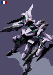 Rule 34 | blade, cannon, french flag, gradient background, grey background, gun, hiwa industry, machine gun, mecha, muv-luv, muv-luv alternative, no humans, rafale (muv-luv), robot, shadow, tactical surface fighter, thrusters, weapon