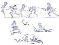 Rule 34 | 1boy, 1girl, anger vein, armor, cape, carrying, fighting, greyscale, holding, holding sword, holding weapon, idon, knight, liquid metal, lying, middle finger, monochrome, monster girl, motion blur, multiple views, on stomach, original, piggyback, seesaw, sitting, sitting on person, slashing, slime girl, sword, weapon