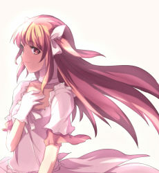 Rule 34 | 10s, 1girl, alternate costume, alternate hairstyle, blush, bow, choker, female focus, gloves, gradient background, hair bow, hand on own chest, kaname madoka, long hair, mahou shoujo madoka magica, mahou shoujo madoka magica (anime), pink eyes, pink hair, saiste, simple background, sketch, smile, solo, spoilers, ultimate madoka, upper body, white background, white gloves