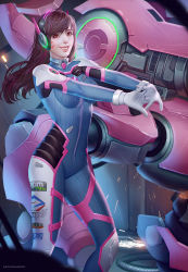 Rule 34 | 1girl, audia pahlevi, bodysuit, brown hair, d.va (overwatch), facial mark, facial tattoo, headphones, highres, long hair, looking at viewer, md5 mismatch, mecha, meka (overwatch), overwatch, overwatch 1, pilot suit, resized, resolution mismatch, robot, smile, solo, tattoo, upscaled, whisker markings