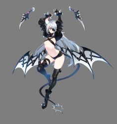 Rule 34 | 1girl, absurdres, arched back, arms up, blue eyes, boots, bracelet, breasts, closers, demon girl, demon tail, eyepatch, highres, horns, jewelry, knife, long hair, looking at viewer, midriff, navel, official art, seulbi lee, short shorts, shorts, silver hair, single boot, single horn, single thigh boot, single thighhigh, small breasts, solo, tail, thigh boots, thighhighs, underboob, very long hair, wings